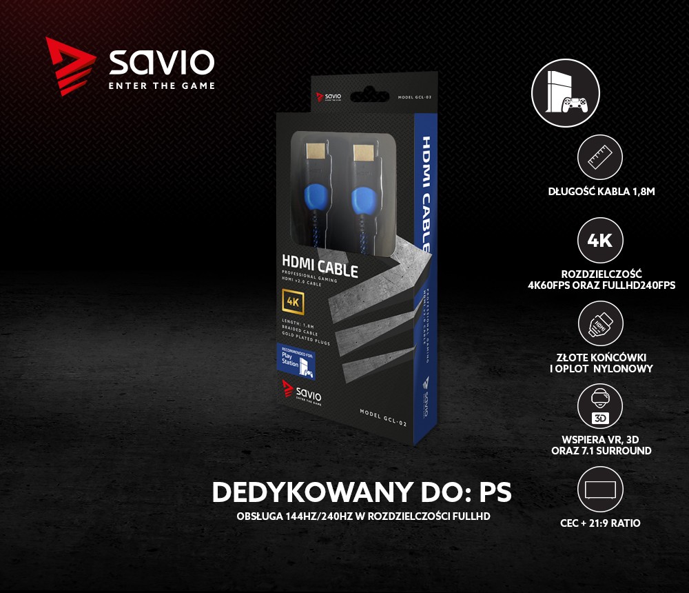 Kabel HDMI 2.0 dedykowany do Playstation niebiesko-czarny 1,8m, GCL-02